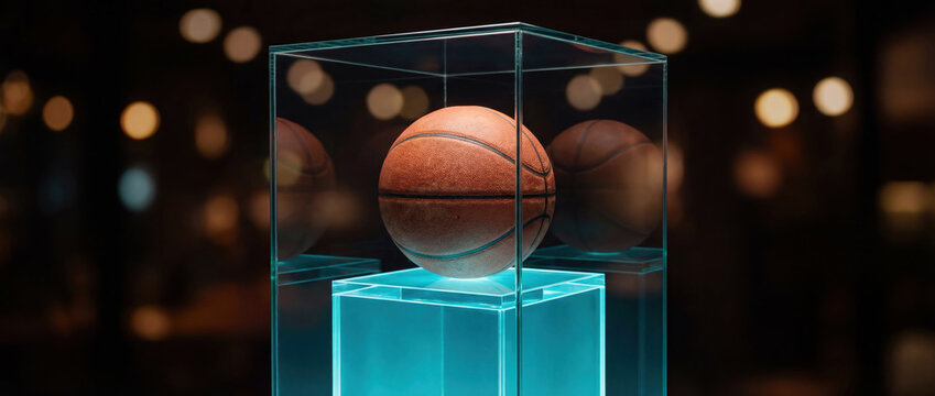 Basketball displayed in glass case with glowing pedestal