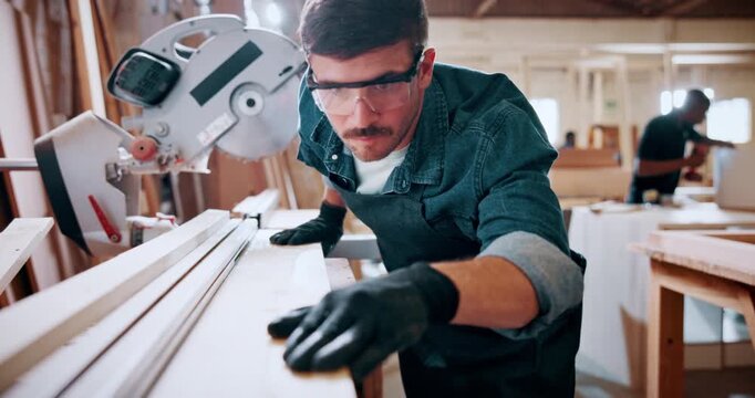 Woodworking, measure and man in workshop for project, planning or manufacturing furniture. Industry, small business and male carpenter with timber material and saw machine for production in factory.