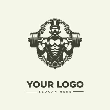 Vintage style logo featuring a strongman with a mustache and top hat lifting a heavy barbell.