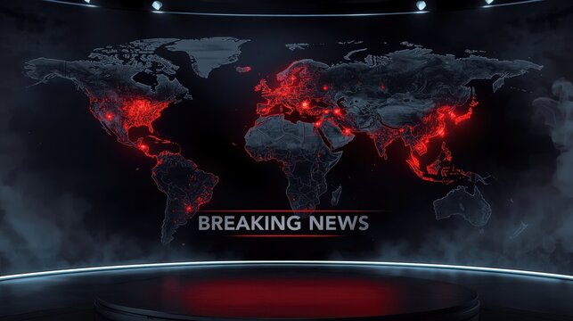 A breaking news graphic with a world map and red hotspots indicating global events