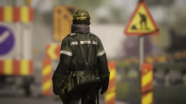 Solitary responder facing road blockade with directional signs and barriers, backlit silhouette emphasizes reflective stripes, quiet suburban street