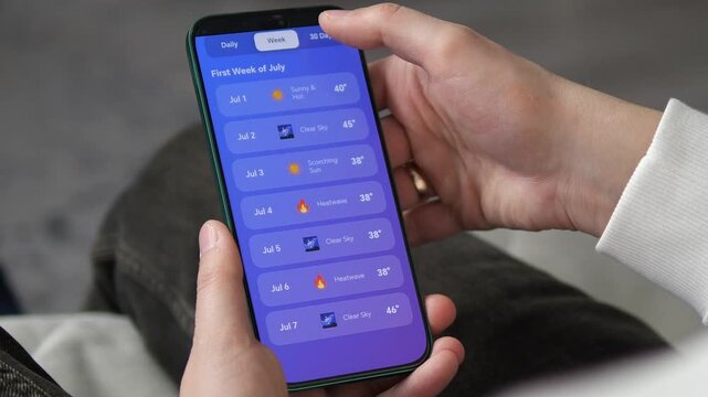 User scrolling through a 30-day July weather forecast on mobile. Modern app interface featuring heatwave alerts and sunny day icons. Ideal for tech promos, lifestyle videos, and news about extreme