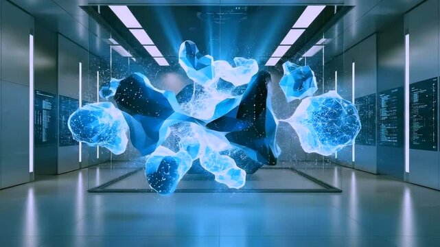 floating energy core front view, glowing digital particles forming structure inside server corridor, advanced computing environment with data processing and artificial intelligence system activity
