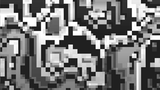 Monochrome digital glitch texture with pixel sorting and compression artifacts on dark background. Square pixelated distortion for signal interference overlay and electronic music poster design.