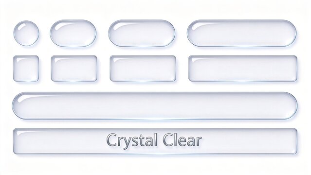 Crystal Clear Glass Buttons Transparent UI Elements Glossy Rounded Rectangles Web Design Interface Empty Label Frames Modern App Icons Shiny Blank Containers 3D Realistic Vector Se