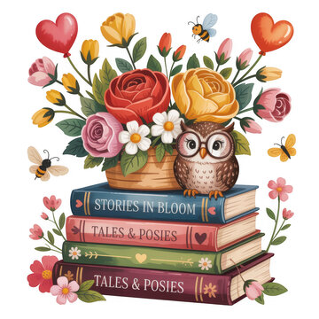 Colorful owl sitting on stack of books with flowers and butterflies heart isolated on a transparent background