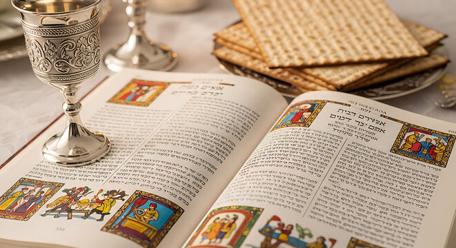Jewish Passover Seder table setting with matzah and Haggadah.