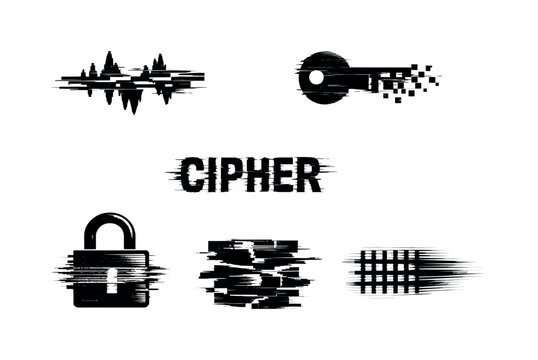 Theme: digital signal encryption and obfuscation  a set of 5 glitch-distorted monochrome objects placed on a perfectly clean white background, each object