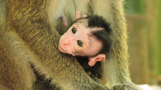 Close view of infant monkey holding mother with soft emotion Cebu Philippines