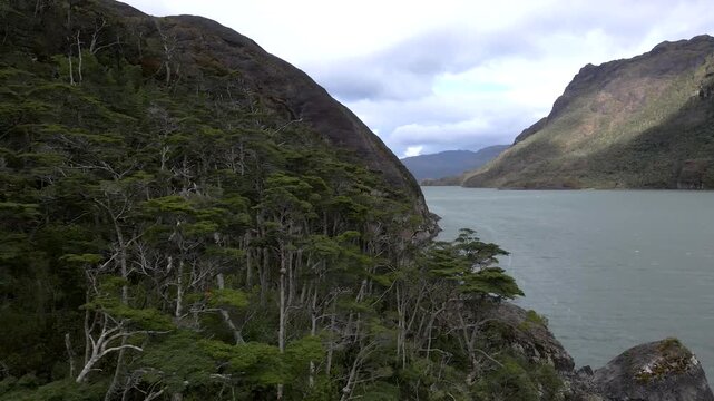 Calbuco chile patagonia river lake nature mountain trees clouds winter dusk morning drone