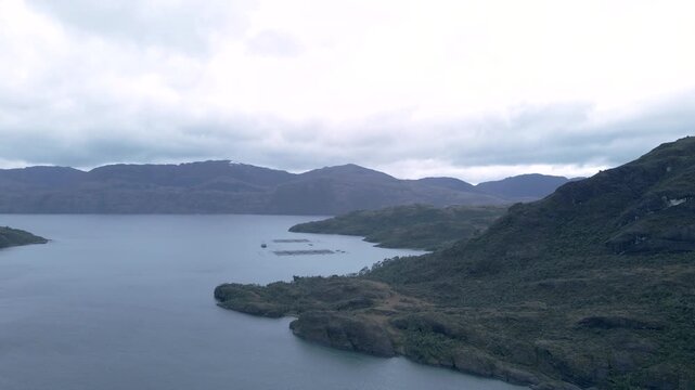 Calbuco chile patagonia river lake nature mountain trees clouds winter dusk morning drone