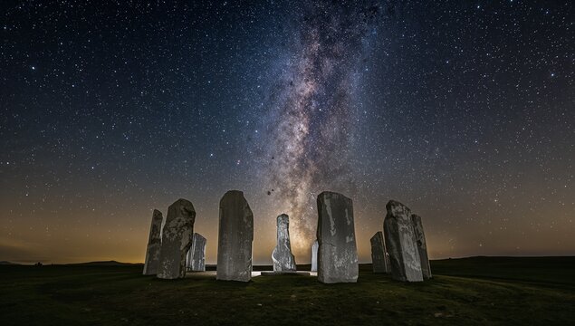 Majestic Night Sky Over Ancient Standing Stones in Dark Landscape