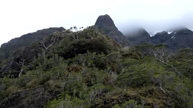 Calbuco chile patagonia river lake nature mountain trees clouds winter dusk morning drone