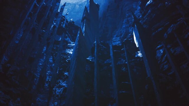 Collapsed city towers framing ruined gorge broken facades, scattered debris, blue dusk light, vines reclaiming structures, atmosphere of abandonment, suitable