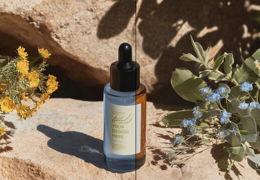 Natural Skincare Dropper Bottle Mockup with Outdoor Floral Setting