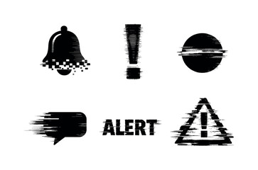Fototapeta premium Theme: system alerts and notification signals a set of 5 glitch-distorted monochrome objects arranged on a perfectly clean white background, each object