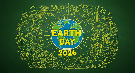 Illustration of Earth Day 2026 with globe, solar panel, wind turbine, recycle symbol on chalkboard. Represents environmental awareness and sustainability