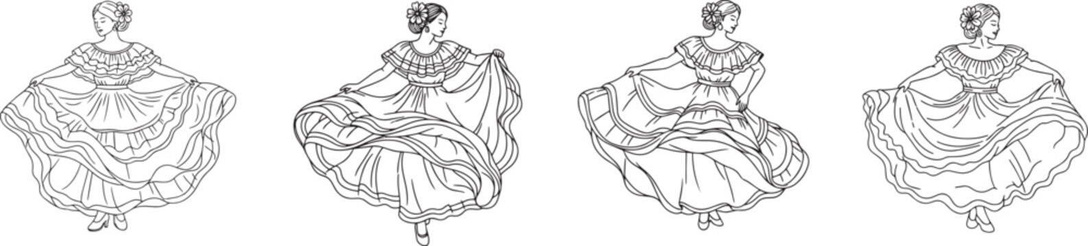 Line art vector set of traditional folk dancers in flowing dresses isolated