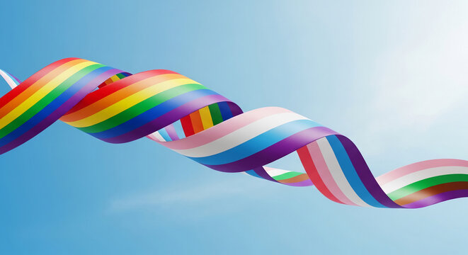 Curved rainbow and transgender flag stripes against blue sky, symbolizing inclusion, diversity and pride, suitable for banner, wallpaper and background