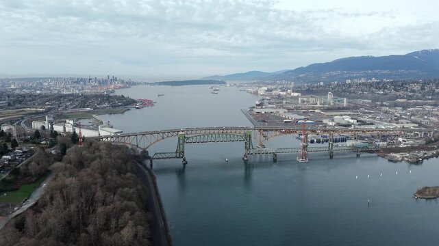 Iron Workers Memorial Bridge In Vancouver, British Columbia, Canada - Aerial Drone Shot