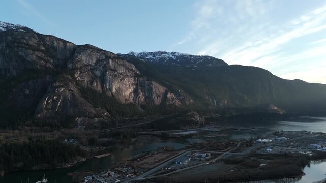 Stawamus Chief Mountain Peaks In Squamish, British Columbia, Canada. Aerial Wide Shot