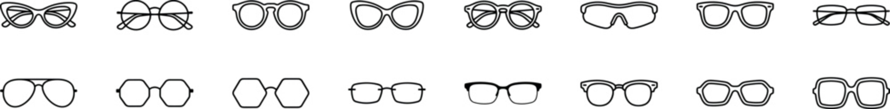 eyeglasses and sunglasses outline icon set, optical eye wear frames including round square aviator rectangle and cat eye glasses vector illustration isolated on transparent background