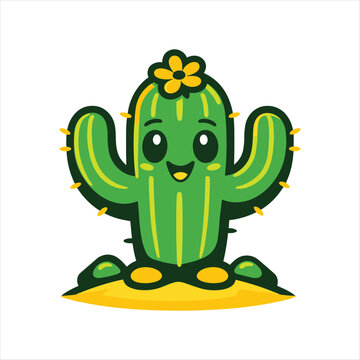 A cartoon cactus with a flower on its head and a happy face