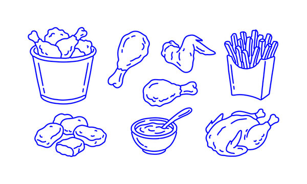 Hand Drawn Doodle Chicken Food Icons Set with Drumsticks Wings Fries Nuggets and Sauce Sketch Style Fast Food Collection