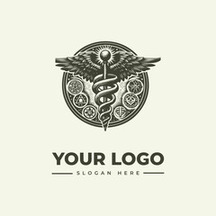 Obraz premium A vintage engraving style illustration of a medical logo featuring a staff with wings and circular icons on a beige background, with space for a slogan.