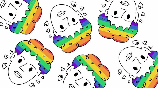 colorful gay male heads pattern with rainbow hair and hearts