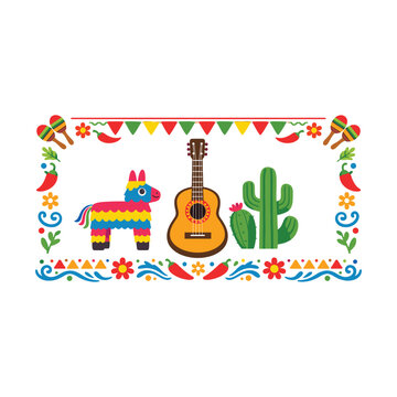 Vibrant mexican fiesta scene with guitar pi ata and cactus