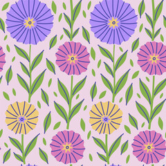 Fototapeta premium A simple seamless pattern with purple, yellow, and pink flowers. Vector graphics.