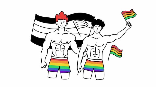 muscular gay men holding pride flags with athletic body shapes