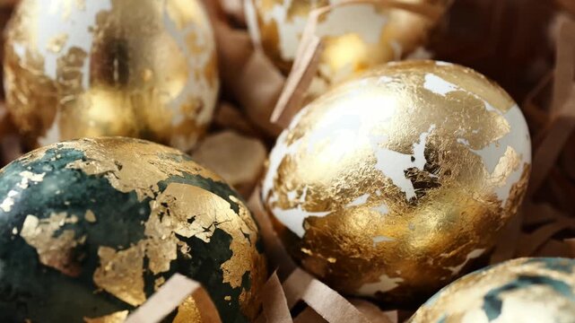 Four festive gold and white eggs in carton with brown shreds.