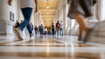 Fototapeta premium Wide-angle shot of people walking through a government building interior, daily public movement and institutional architecture concept, defocused background, with copy space