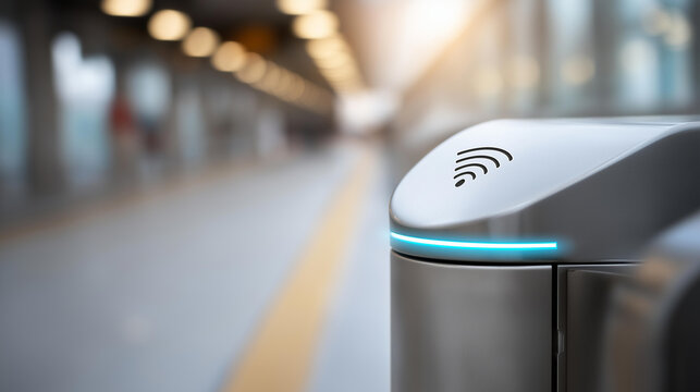 Close-up of a modern biometric public transit turnstile reader with NFC contactless payment symbol and blue LED glow, smart transit technology concept, defocused background, with copy space
