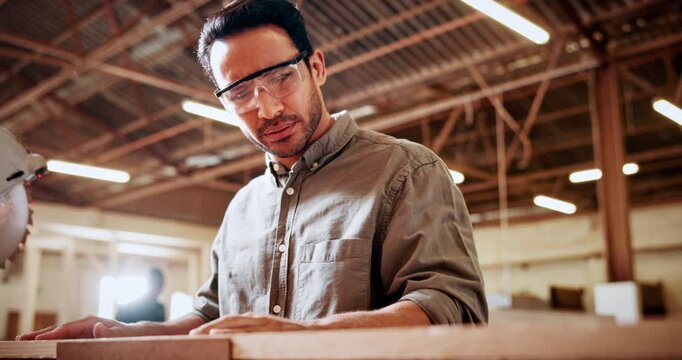 Carpentry, dust and man in workshop for project, planning or manufacturing furniture. Industry, small business and male woodworker with timber material and saw machine for production in factory.