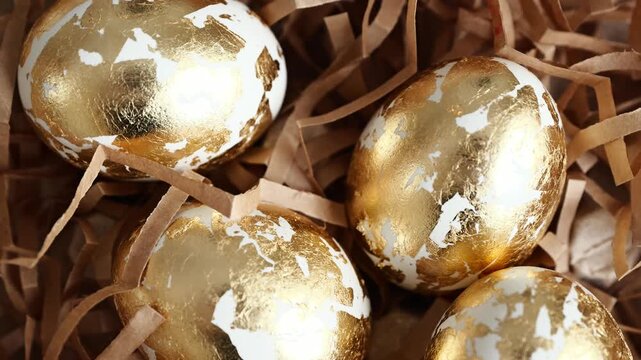 Gleaming gold and white decorated Easter eggs nestled in a rustic brown paper shredded carton