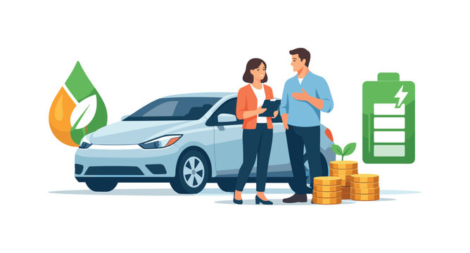 Energy-efficient driving and balanced fuel-electric technology for everyday commuting, represented by a car paired with a fuel drop and a battery symbol, expressing optimization
