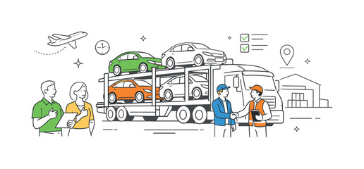 Fototapeta premium A logistics and transportation scenario where companies move multiple vehicles efficiently across long distances using specialized transport systems, visualized through a small
