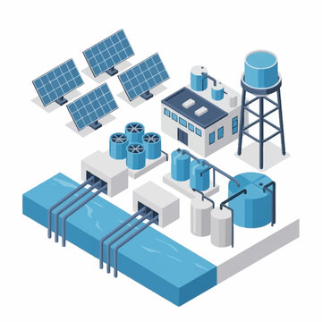 Isometric illustration of a water treatment plant with solar panels and storage tanks.