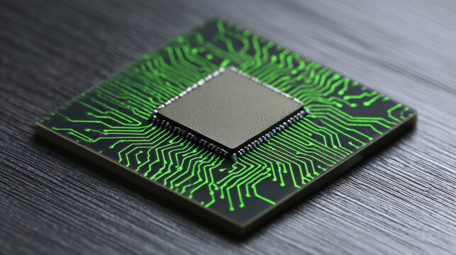 A microprocessor with a green circuit board design on it's surface sits atop of a wooden table top