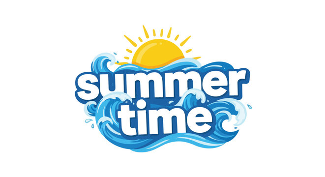 Vibrant 'Summer Time' text graphic with dynamic blue ocean waves and a radiant yellow sun, symbolizing joyful holidays, beach fun, leisure, and warm