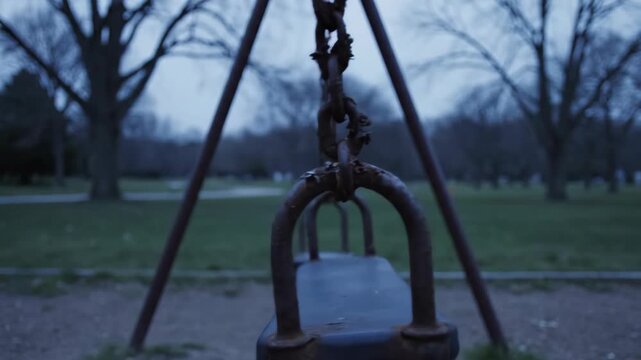 A close-up of a weathered rusty swing set in an empty public park during a cold blue twilight with a background of bare trees and green grass