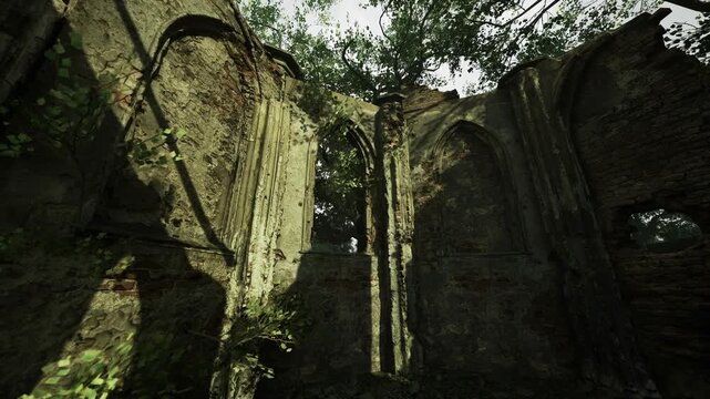 Ancient stone walls entwined with creeping vines stand silent under the dappled sunlight. Trees stretch through broken arches, showcasing natures embrace of forgotten history.