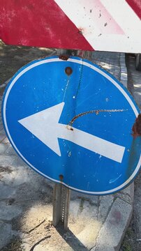 Left Arrow Traffic Sign Rusty Road Sign Direction Symbol Street Navigation Warning Closeup