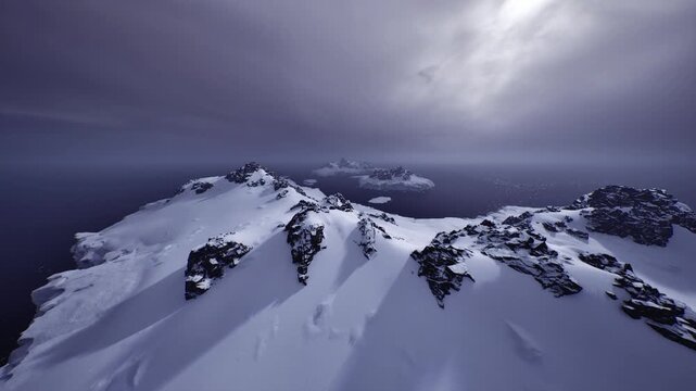snowcovered crest under brooding clouds with low light and heavy atmosphere, jagged outcrops punctuating smooth snowfields, tension of oncoming storm captured