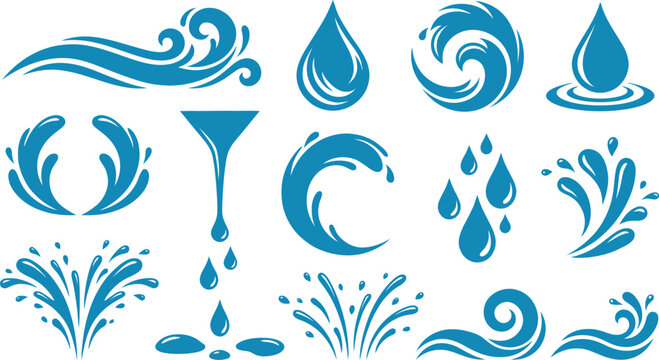 Collection of stylized blue water droplets and splash designs