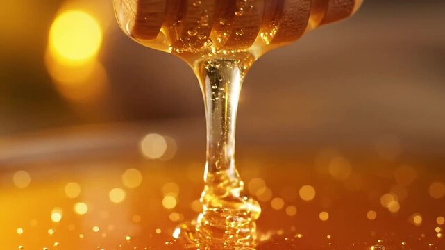 Macro of Thick Golden Honey Dripping from Wooden Dipper 4K