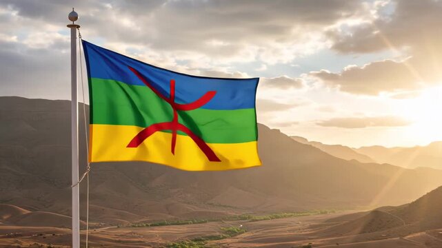 berber National flag waving on the wind with the panorama in the background